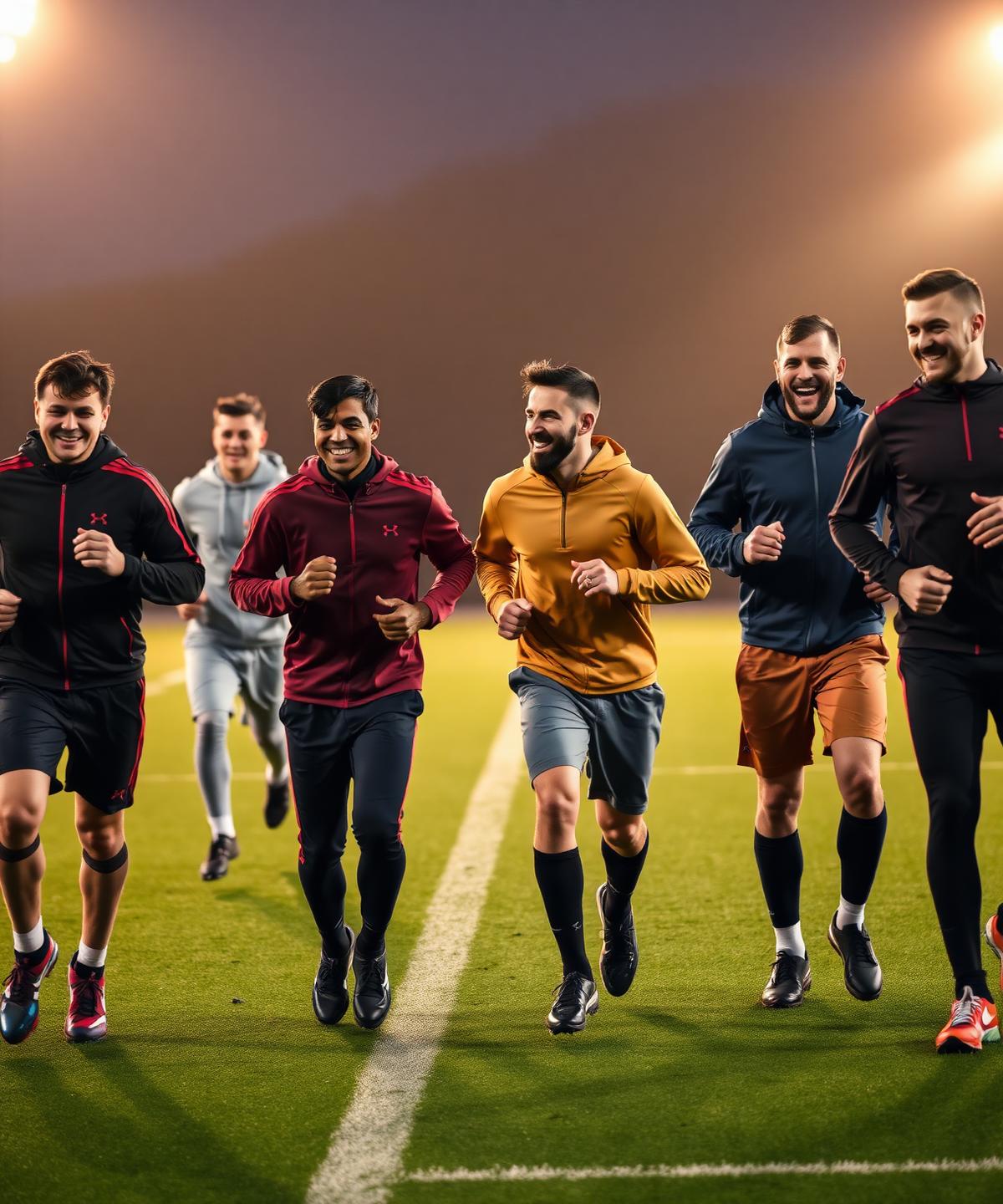 Group of men laughing on a floodlit football pitch in Lancashire